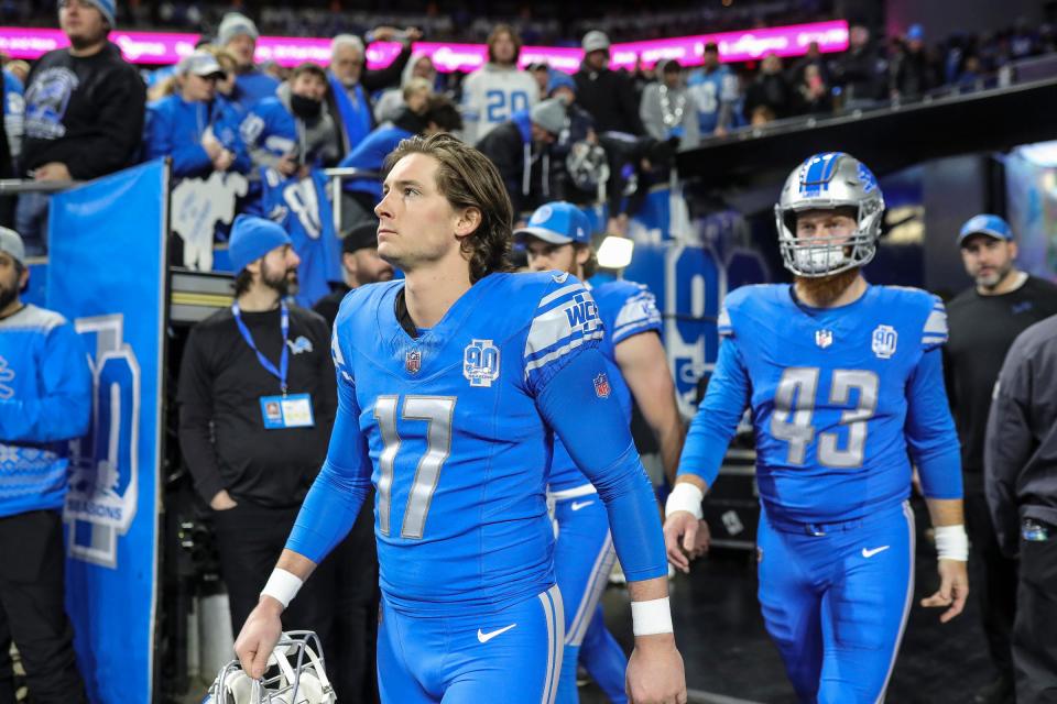 Lions place kicker Michael Badgley takes the field for warmups before the NFC wild card game at Ford Field on Sunday, Jan, 14, 2024.