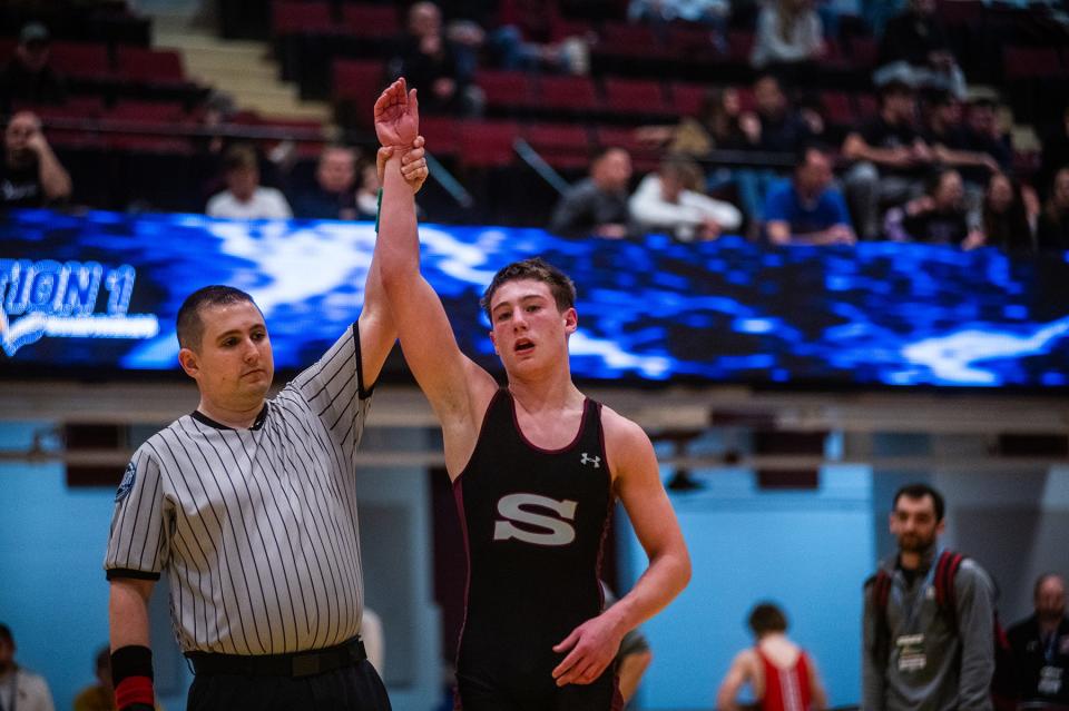 Scarsdale's Thomas Iasiello wins the 145 pound weight class during the Section 1 division 1 wrestling championship in White Plains, NY on Sunday, February 11, 2024.