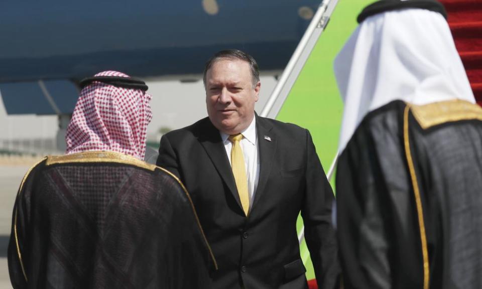 Mike Pompeo greets Saudi officials on his arrival in Riyadh