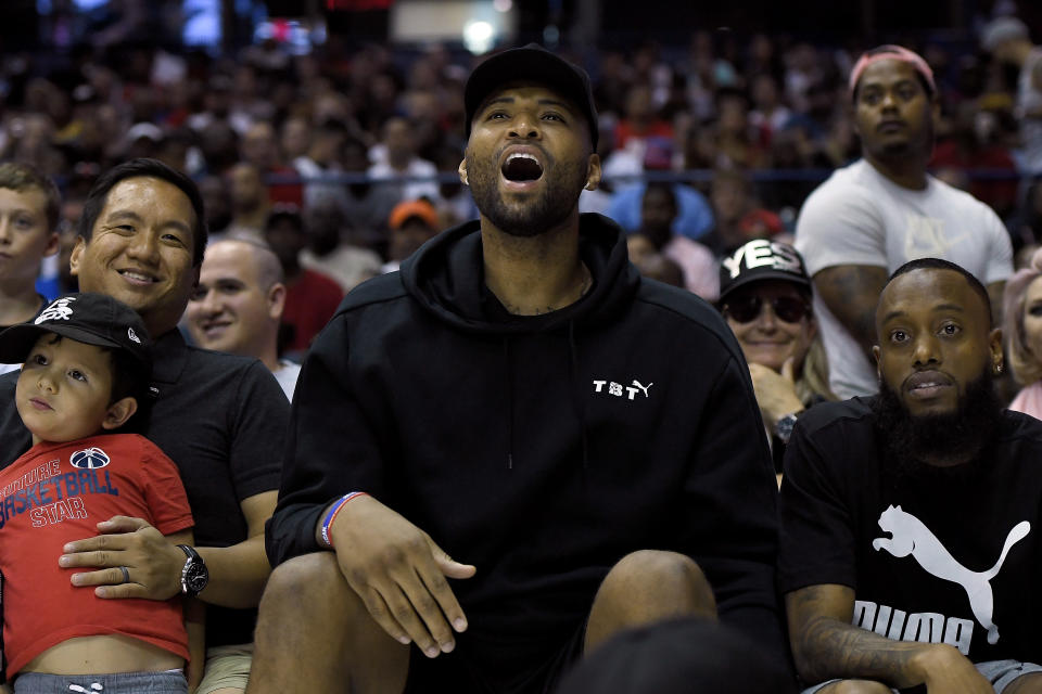 CHICAGO, ILLINOIS - AUGUST 03:  DeMarcus Cousins looks on during the game between the Enemies and Power during week seven of the BIG3 three on three basketball league at Allstate Arena on August 03, 2019 in Chicago, Illinois. (Photo by Stacy Revere/BIG3 via Getty Images)