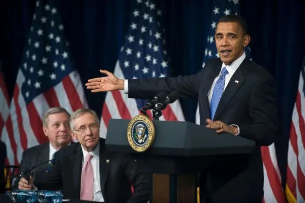 PHOTO: President Barack Obama answers questions from Senate Democrats during their retreat at the Newseum in Washington, Feb. 3, 2010. (Bill Clark/Roll Call/Getty Images)