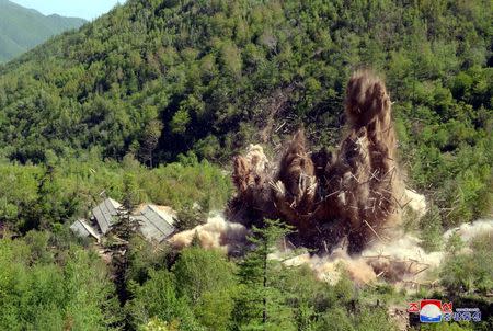 North Korea's nuclear test center was completely dismantled in accordance with the decision of the 3rd Plenary Meeting of the 7th General Conference of the Workers' Party of Korea in this undated photo released by North Korea's Korean Central News Agency (KCNA) in Pyongyang May 24, 2018. KCNA/via REUTERS/Files