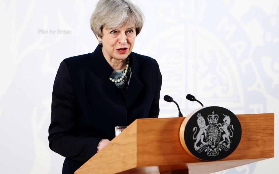 Theresa May gives a speech at the Department for International Development's office at Abercrombie House in East Kilbride - Credit:  Jane Barlow/PA