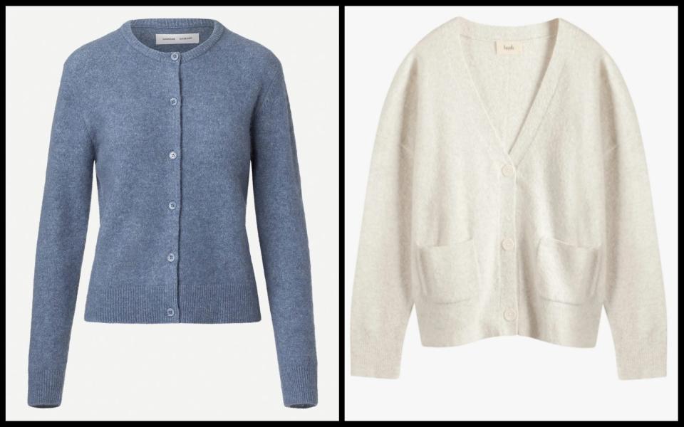 Blue (£150, Samsoe Samsoe); Grey cardigan (£69, Hush)