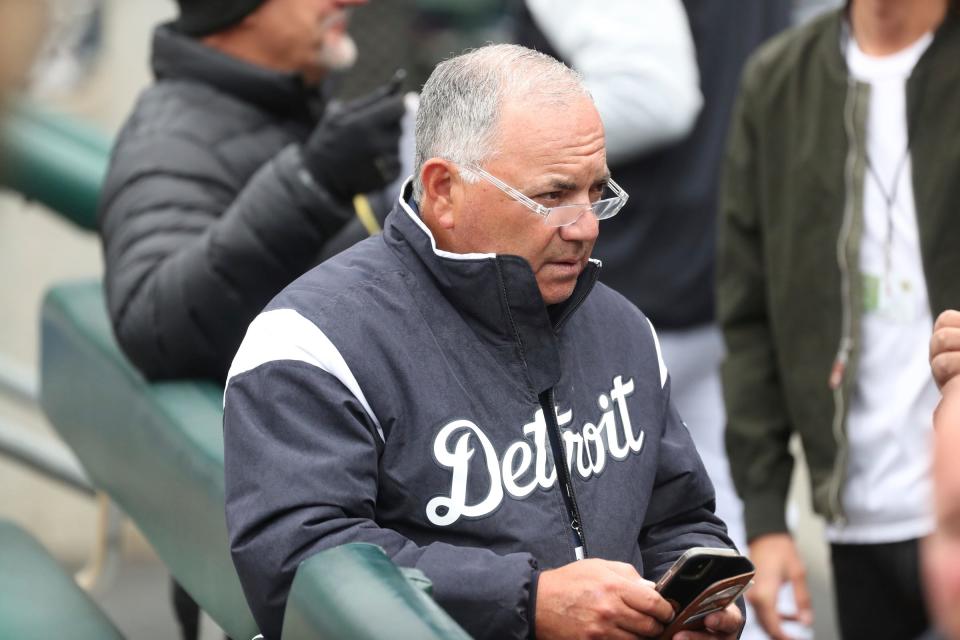 Tigers general manager Al Avila watches the team April 7, 2022 at Comerica Park during their last practice before the season opener April 8 against the White Sox.