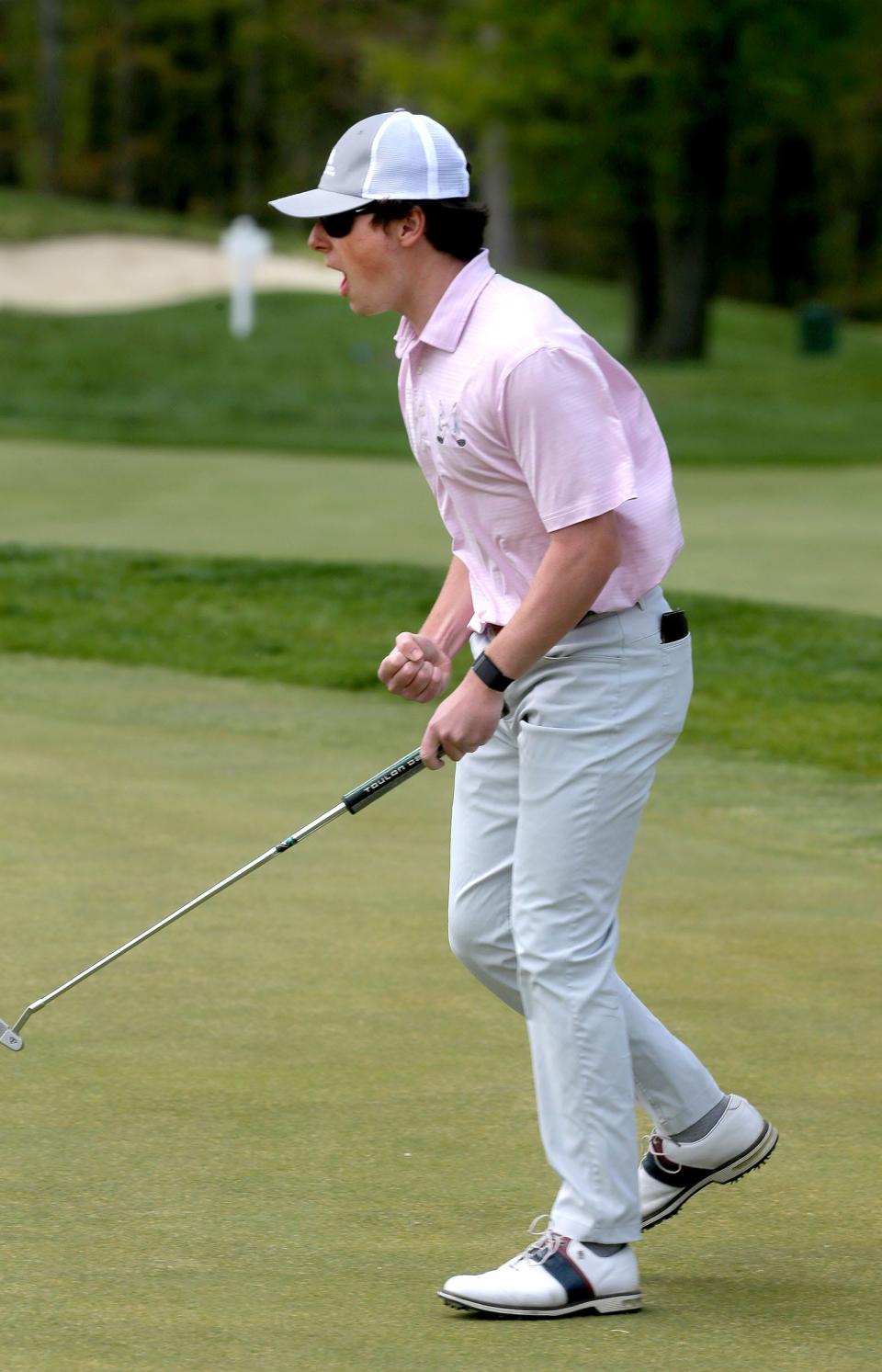 Colts Neck's Eric Castner reacts to his putt on the 17th hole during the Shore Conference Tournament played Wednesday, April 26, 2023, at the Charleston Springs Golf Course in MIllstone Township. 
