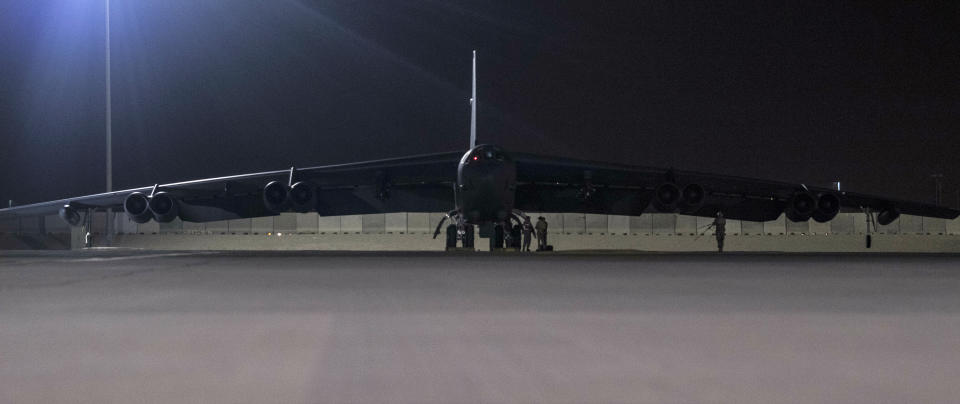 In this Thursday, May 9, 2019 photo released by the U.S. Air Force, a B-52H Stratofortress assigned to the 20th Expeditionary Bomb Squadron is parked on the ramp at Al Udeid Air Base, Qatar. The B-52 bombers ordered by the White House to deploy to the Persian Gulf to counter unspecified threats from Iran are beginning to arrive at a major American air base in Qatar. (Senior Airman Keifer Bowes, U.S. Air Force via AP)