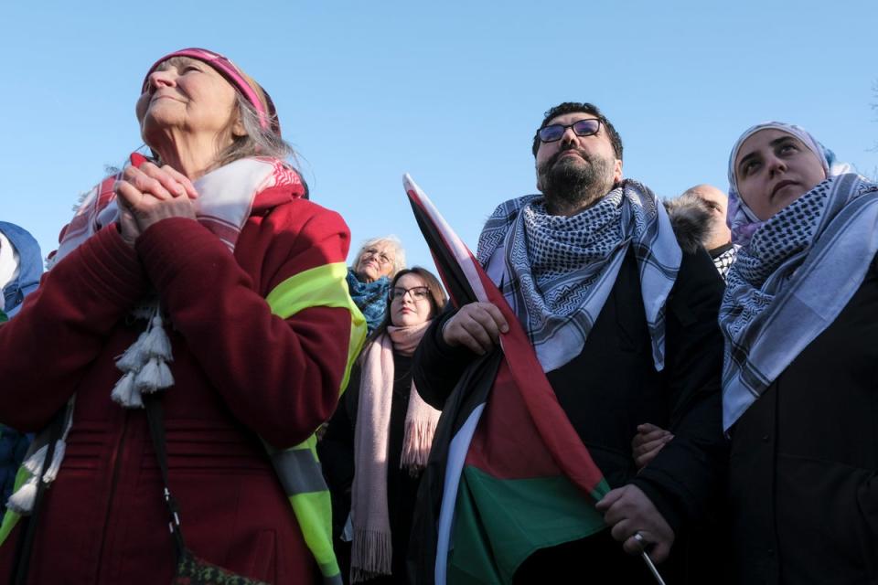 Pro-Palestinian activists react near the ICJ building in The Hague (AP)