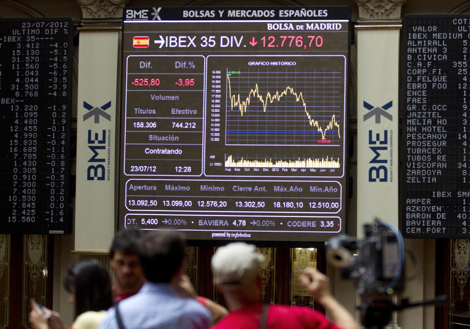 Journalists work at the Stock Exchange in Madrid Monday July 23, 2012. The Bank of Spain says the country’s recession-plagued economy contracted 0.4 percent in the second quarter, a performance even worse than in the first three months of the year.The central bank blamed a big drop in domestic demand: minus 1.2 percent compared to minus 0.5 percent in the first quarter as household and government spending fell at a faster pace. It stressed that these figures were preliminary. (AP Photo/Paul White)