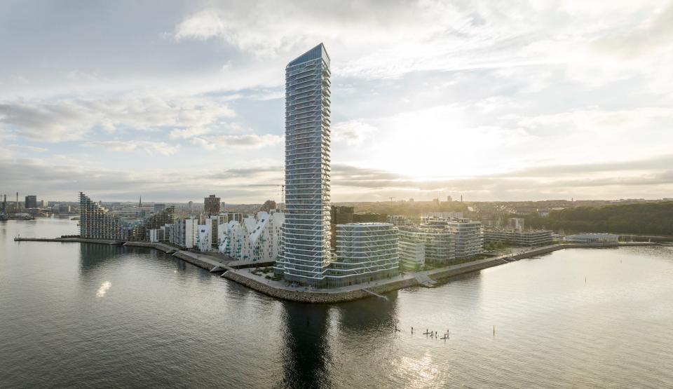 A tall residential building off the Aarhus Bay in Denmark.