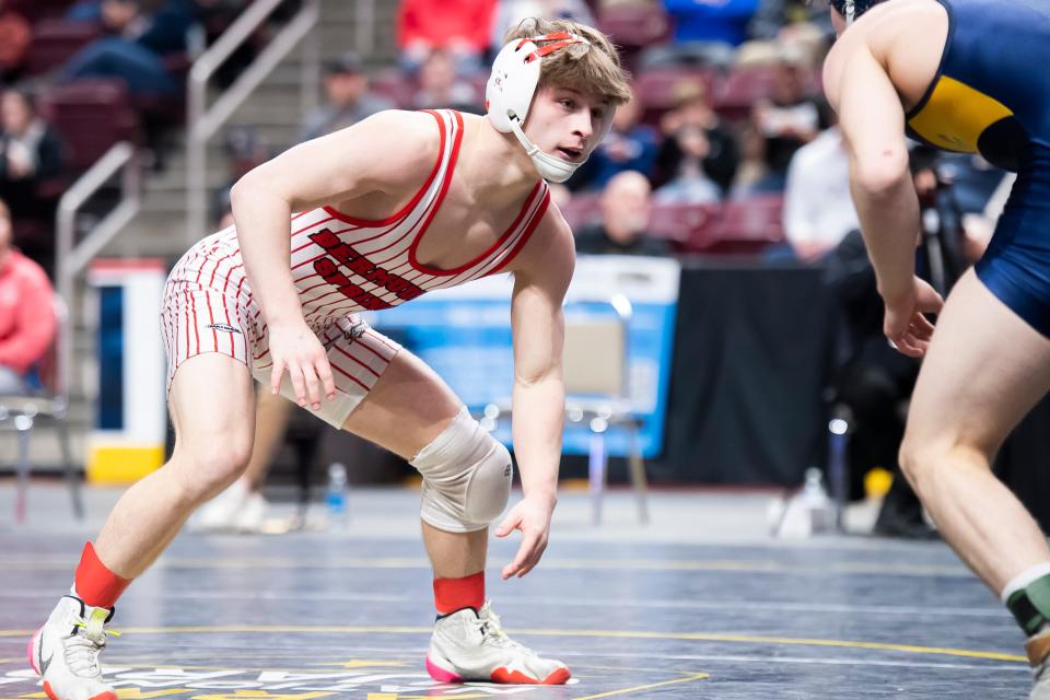 Bermudian Springs' Hayden Yacoviello-Andrus (left) wrestles Bald Eagle Area's Coen Bainey in the 127-pound third-place bout at the PIAA Class 2A Wrestling Championships at the Giant Center on March 11, 2023, in Hershey. Yacoviello-Andrus won by default.