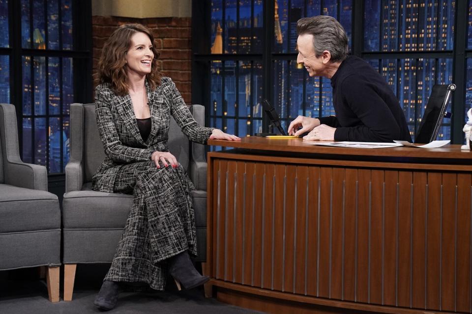 Tina Fey during an interview with host Seth Meyers