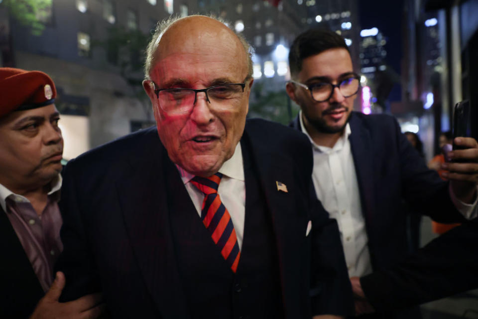 Rudy Giuliani appears in support of his son, New York Republican gubernatorial primary candidate Andrew Giuliani, at an election night watch party.