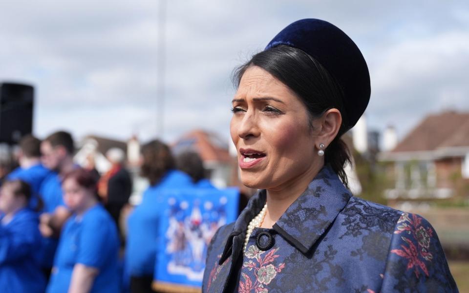 Former home secretary Priti Patel speaking during the unveiling of a statue of murdered MP Sir David Amess