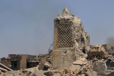 The destroyed al-Hadba minaret at Grand al-Nuri Mosque is seen at the Old City in Mosul, Iraq, June 30, 2017. REUTERS/Alaa Al-Marjani