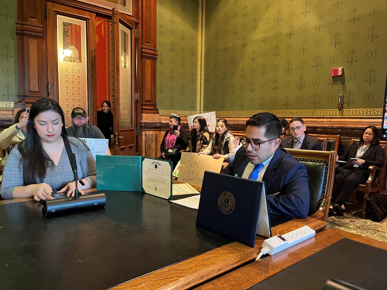 Hector Salamanca Arroyo testifies Monday, Jan. 29, 2024, at the Iowa Capitol against a bill that would prevent undocumented students at Iowa's state universities and community colleges from receiving in-state tuition.