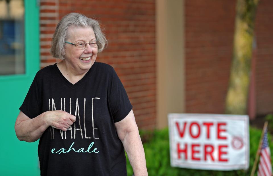 Bernadette Harris of Cuyahoga Falls smiles as she discusses her stance on Issue 1 after voting at Community Vineyard Church, Tuesday, Aug. 8, 2023, in Cuyahoga Falls, Ohio.