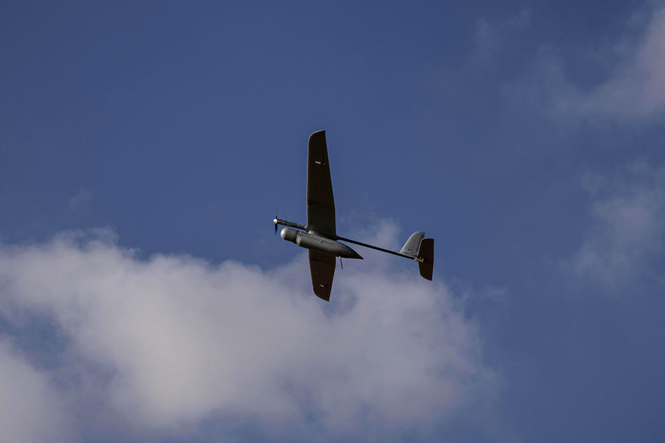 An Israeli military drone takes off near the border with Gaza Strip, Friday, Aug. 21, 2020. The Israeli military says Palestinian militants fired 12 rockets at Israel from the Gaza Strip overnight, nine of which were intercepted. (AP Photo/Tsafrir Abayov)