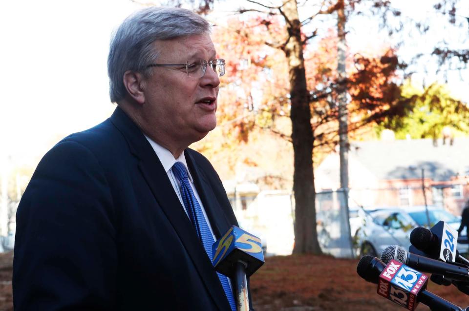 Mayor Jim Strickland speaks after an announcement for $3 million grant for the Melrose High redevelopment site, on Monday, November, 27, 2023 at the Melrose High at 843 Dallas Street in Memphis, Tenn.