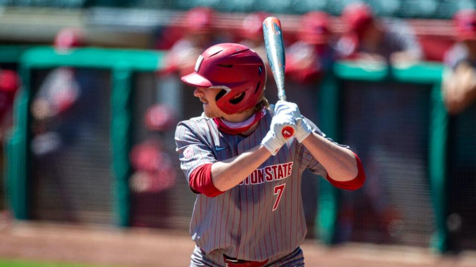 Washington St. infielder Kyle Manzardo (7) bats during an NCAA baseball game on Sunday, April 11, 2021 in Salt Lake City. (AP Photo/Tyler Tate)