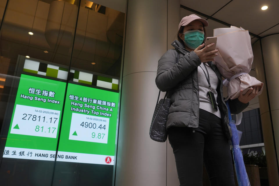 A woman wearing a face mask stands in front of an electronic board showing Hong Kong share index outside a local bank in Hong Kong, Friday, Feb. 14, 2020. Asian shares mostly fell Friday as investors turned cautious following a surge in cases of a new virus in China that threatens to crimp economic growth and hurt businesses worldwide. (AP Photo/Vincent Yu)