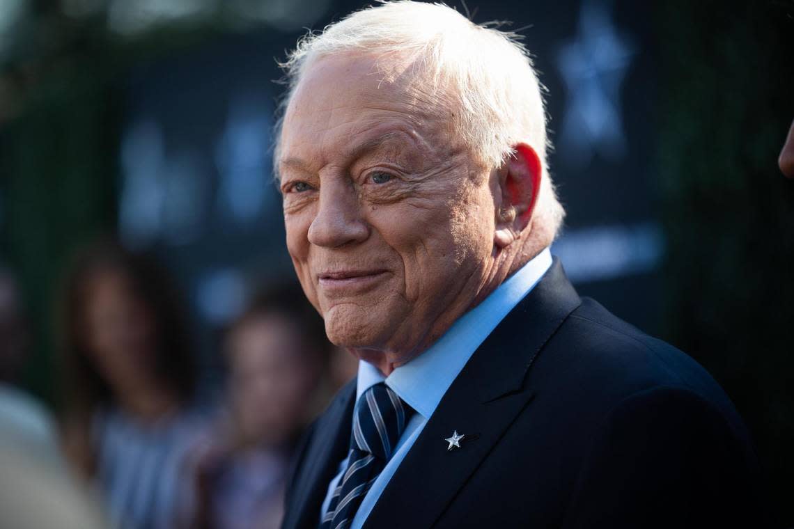 Dallas Cowboys owner Jerry Jones walks down the blue carpet for the season kickoff event Thursday, Aug. 25, 2022, at Ford Center in Frisco.