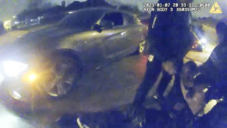 The image from video released on Jan. 27, 2023, by the City of Memphis, shows Tyre Nichols during a brutal attack by five Memphis police officers on Jan. 7, 2023, in Memphis, Tenn. Nichols died on Jan. 10. The five officers have since been fired and charged with second-degree murder and other offenses. (City of Memphis via AP)