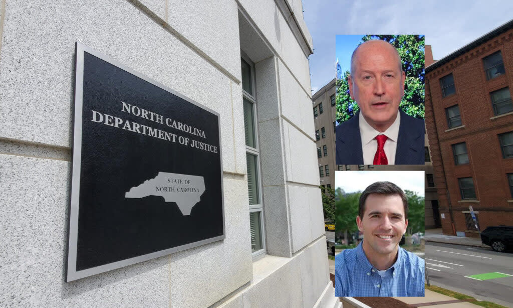 images of Dan Bishop and Jeff Jackson appear next to the N.C. Department of Justice Building