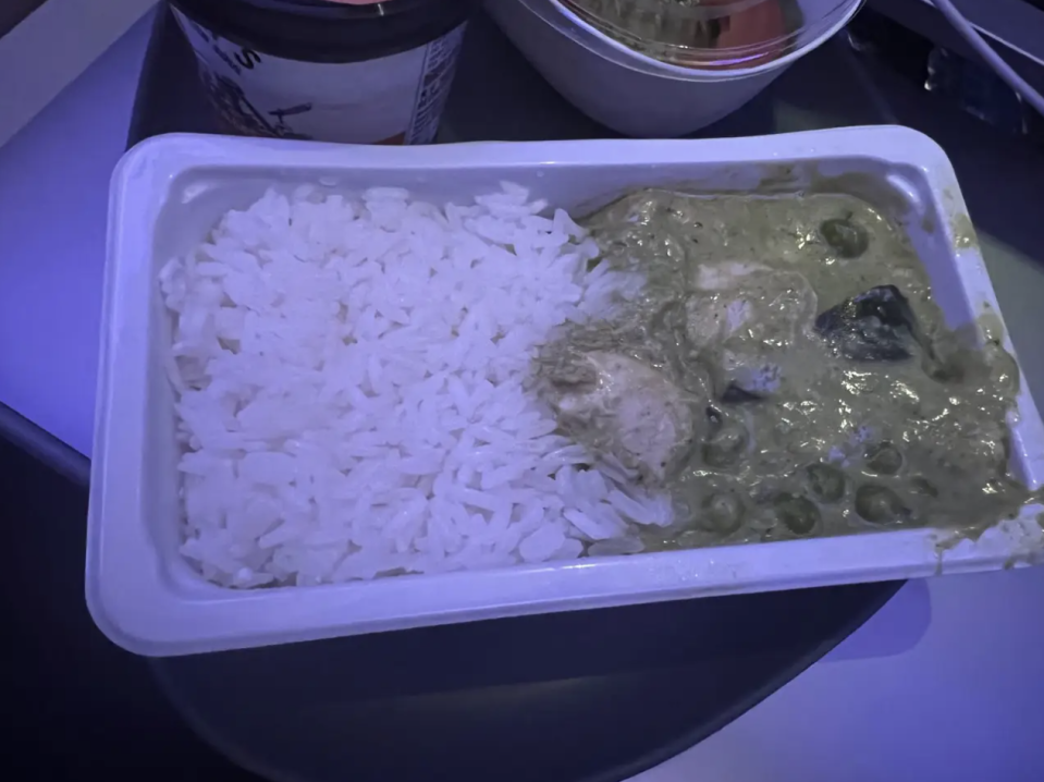 Dieses Currygericht gab es in der Boeing 767 von Delta Air Lines auf dem Weg von Schweden nach New York. Das Curry sah etwas fragwürdig aus, aber es war trotzdem sehr gut.  - Copyright: Taylor Rains / Getty Images