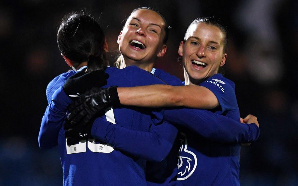 Sam Kerr (left to right), Johanna Rytting Kaneryd and Jelena Cankovic celebrate - Chelsea deliver right reaction against Brighton after League Cup final defeat - Getty Images/Alex Burstow