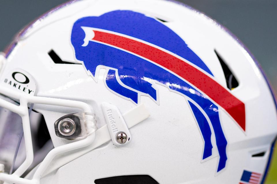 Nov 26, 2023; Philadelphia, Pennsylvania, USA; A Buffalo Bills helmet is seen before action against the Philadelphia Eagles at Lincoln Financial Field. Mandatory Credit: Bill Streicher-USA TODAY Sports