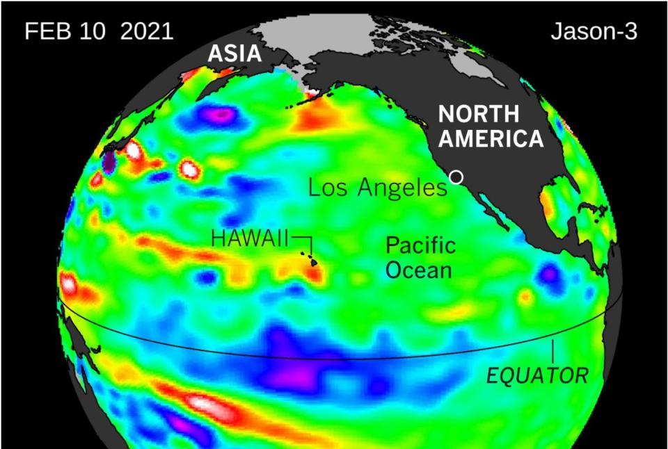 A globe with radar imagery showing ocean surface temperatures