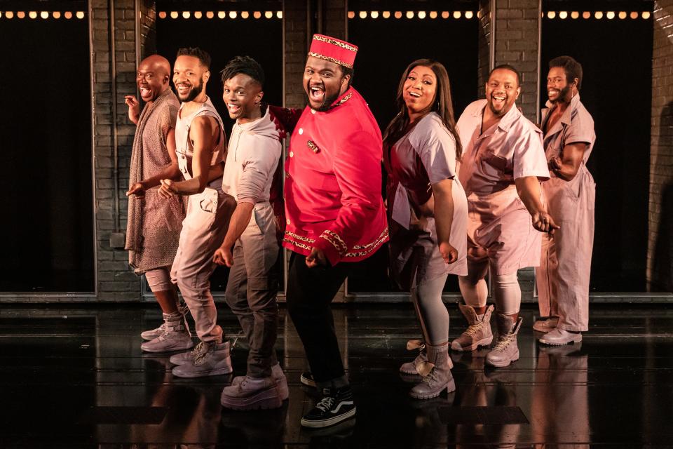 Jaquel Spivey, center, plays Usher, who is always surrounded by his inner voices in Michael R. Jackson’s Tony Award-winning musical “A Strange Loop.” From left are James Jackson, Jr., Jason Veasey, John-Michael Lyles, L Morgan Lee, John-Andrew Morrison, Antwayn Hopper.