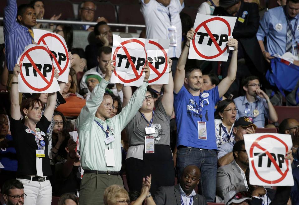 Delegates against the Trans-Pacific Partnership protest at the Democratic National Convention in Philadelphia, Pennsylvania, U.S. July 25, 2016. REUTERS/Gary Cameron