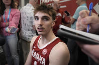 Alabama forward Grant Nelson speaks with reporters ahead of a Final Four college basketball game in the NCAA Tournament, Thursday, April 4, 2024, in Glendale, Ariz. UConn plays Alabama on Saturday. (AP Photo/Brynn Anderson )