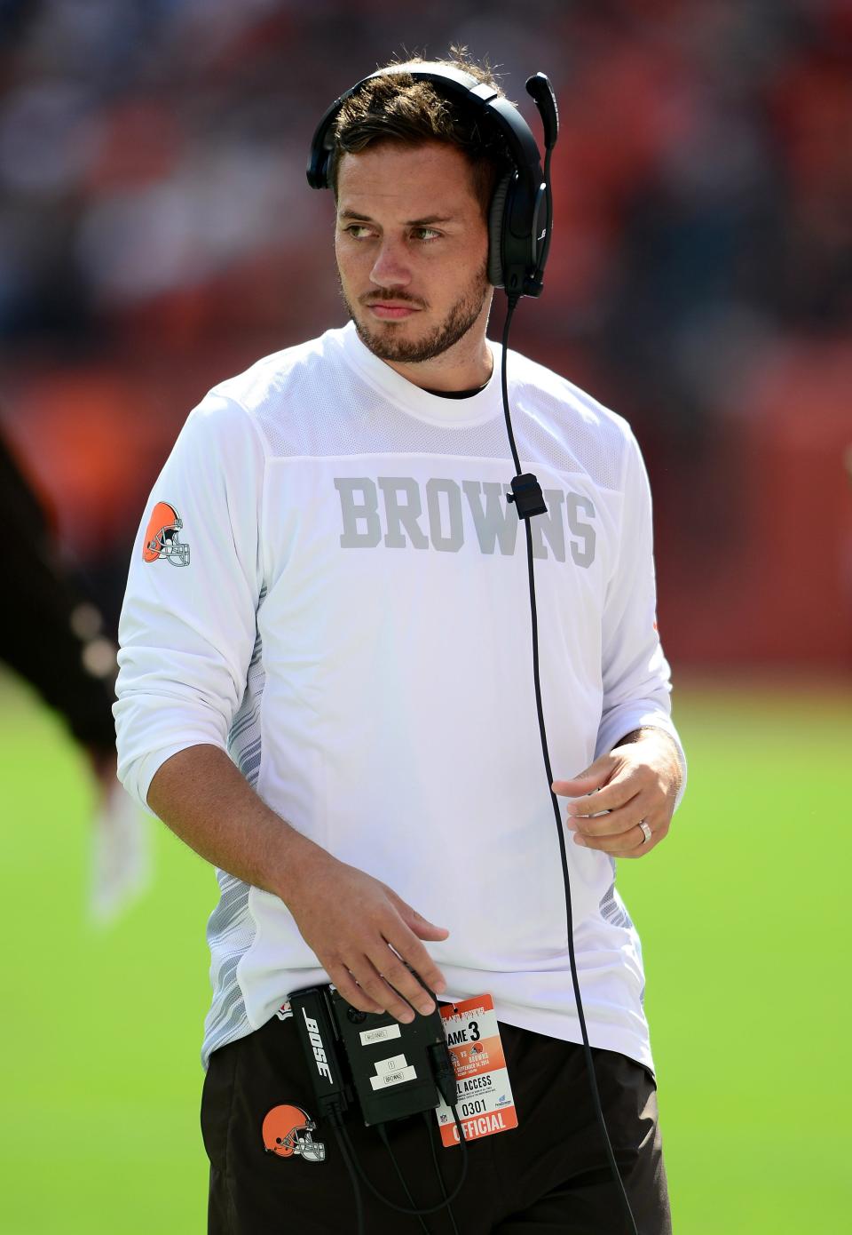 Sep 14, 2014; Cleveland, OH, USA; Cleveland Browns wide receivers coach Mike McDaniel against the New Orleans Saints at FirstEnergy Stadium. The Browns defeated the Saints 26-24. Mandatory Credit: Andrew Weber-USA TODAY Sports