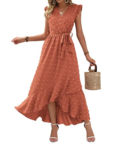 BTFBM Women's 2024 Summer Wrap V Neck Dress Ruffle Sleeve Swiss Dot Boho Ruffle Slit Beach Party Flowy Long Maxi Dresses(Swiss Dot Orange Red, Medium)