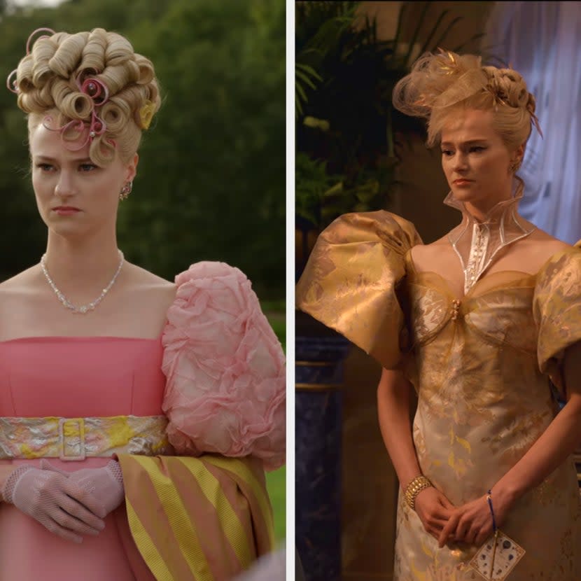 Jessica Madsen as Cressida Cower wearing several dresses with enormous frilly sleeves in Bridgerton