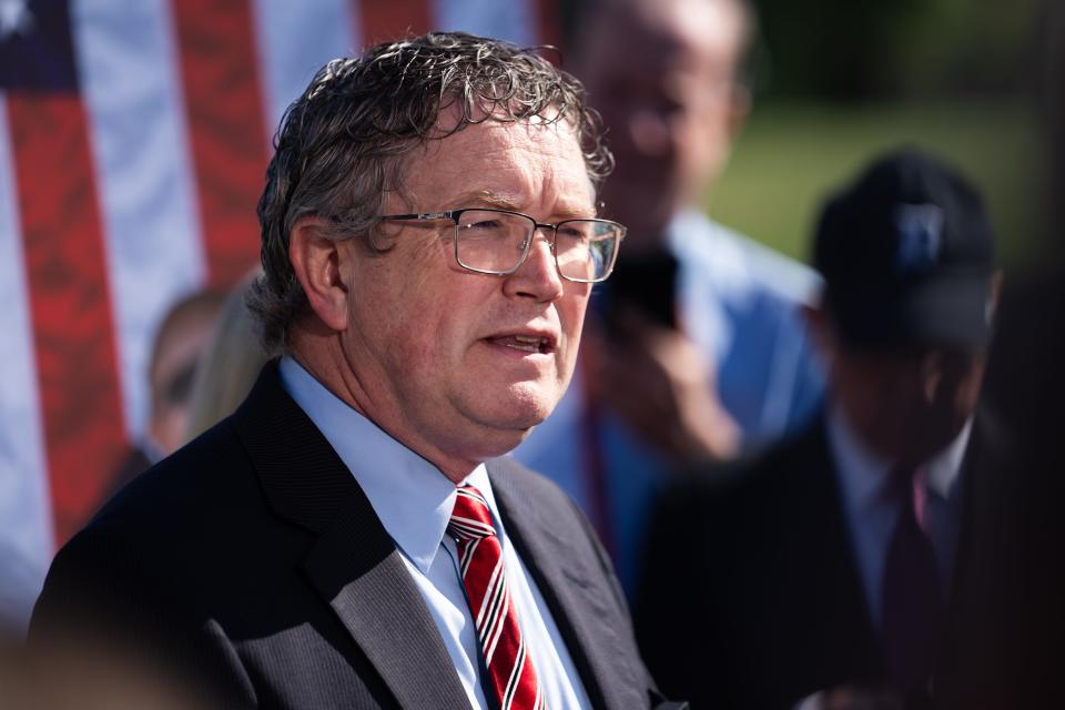 Marjorie Taylor Greene (R-Ga.) and Thomas Massie (R-Ky.) hold a press conference on Wednesday, May 1, 2024 outside the US Capitol expressing their intent to vote for a motion to vacate against Speaker of the House Mike Johnson next week.