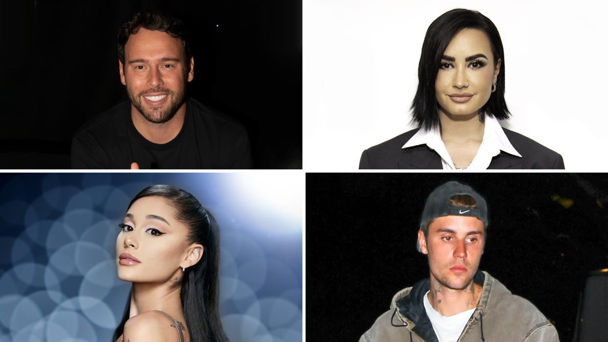 Music mogul Scooter Braun, top left, and his biggest past and present management clients, clockwise: Demi Lovato, Justin Bieber, Ariana Grande. (Getty Images)