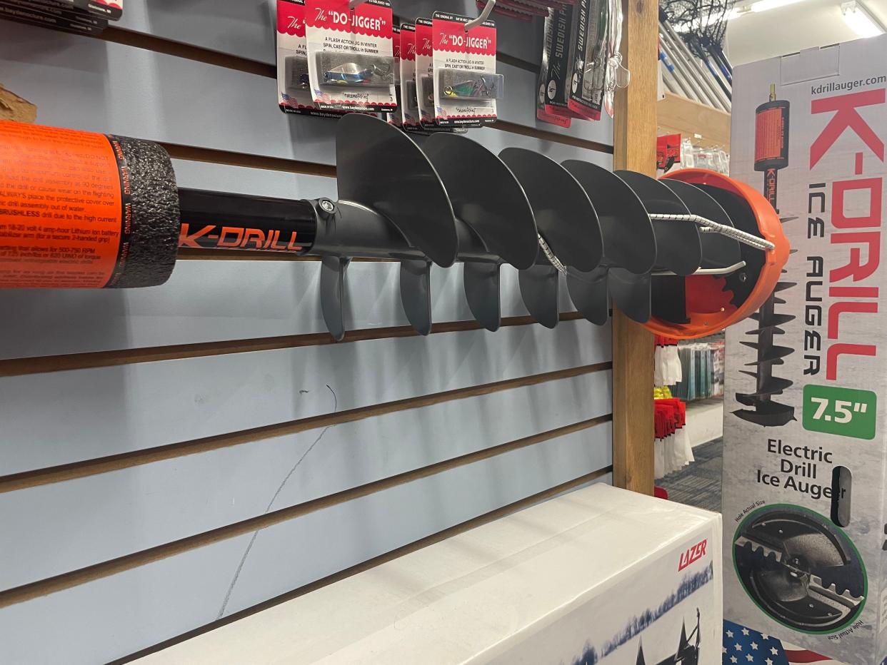 An electric ice drill auger from Anderson's Pro Bait llc., located at 2731 Pine Grove Ave., Jan. 18, 2023. The store has seen a decrease in ice fishing gear sales this winter.