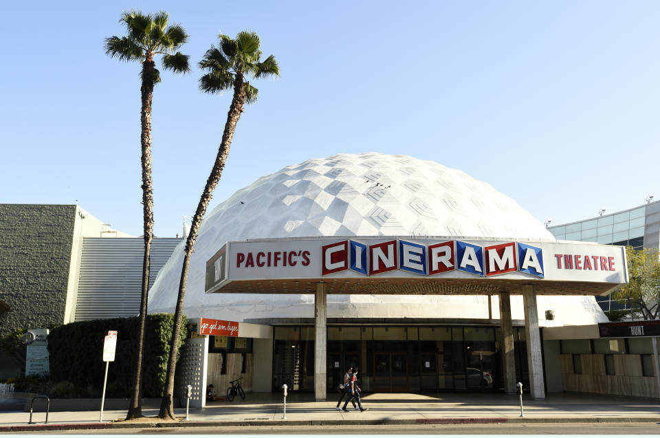 The Cinerama Dome is pictured, Tuesday, April 28, 2020, in Los Angeles. Hollywood’s theatrical business may be slowly rebounding but for some exhibitors the last year has been catastrophic. Pacific Theaters, which operates some 300 screens in California, including the beloved ArcLight theaters and the historic Cinerama Dome in Hollywood, said Monday, April 12, 2021, that it will not be reopening. (AP Photo/Chris Pizzello)