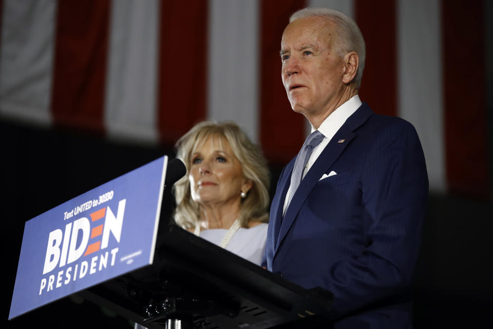 Former Vice President Joe Biden, accompanied by his wife Jill, speaks to members of the press at the National Constitution Center in Philadelphia, Tuesday, March 10, 2020. (Matt Rourke/AP)