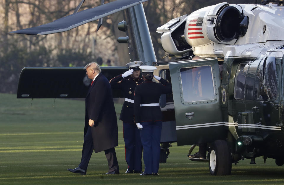 U.S. President Donald Trump arrives at The Grove hotel and resort in Watford, Hertfordshire, England, Wednesday, Dec. 4, 2019 for a NATO leaders meeting. As NATO leaders meet and show that the world's biggest security alliance is adapting to modern threats, NATO Secretary-General Jens Stoltenberg is refusing to concede that the future of the 29-member alliance is under a cloud. (AP Photo/Evan Vucci)