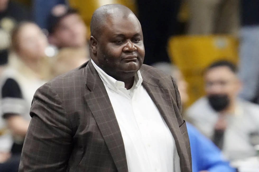 St. Bonaventure athletic director Joe Manhertz looks on in the second half of an NCAA college basketball game in the first round of the NIT, Tuesday, March 15, 2022, in Boulder, Colo. (AP Photo/David Zalubowski, File)