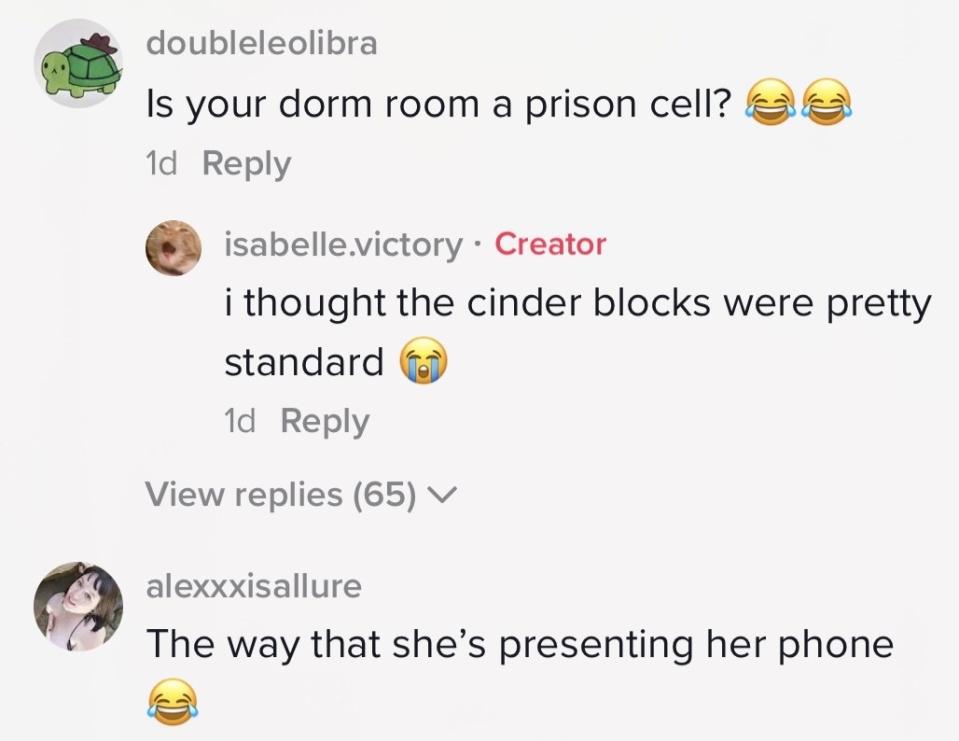 "Is your dorm room a prison cell?" and "The way that she's presenting her phone"