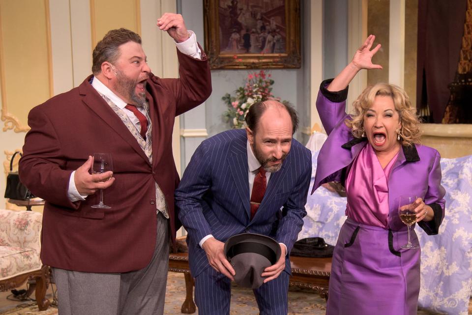 From left, Aaron Muñoz,. Andrew Benator and Jennifer Cody in a scene from Ken Ludwig’s “A Comedy of Tenors” at Florida Studio Theatre.