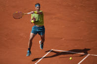 Spain's Rafael Nadal plays a shot against Norway's Casper Ruud during the final match at the French Open tennis tournament in Roland Garros stadium in Paris, France, Sunday, June 5, 2022. (AP Photo/Christophe Ena)