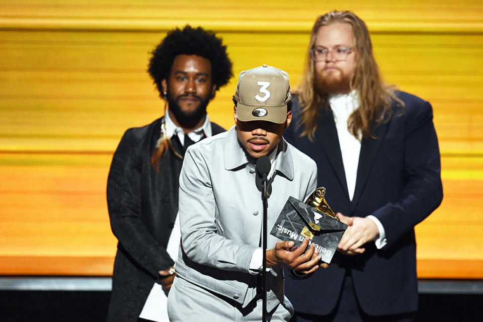 Chance the Rapper accepts the Best New Artist award onstage during The 59th Grammy Awards