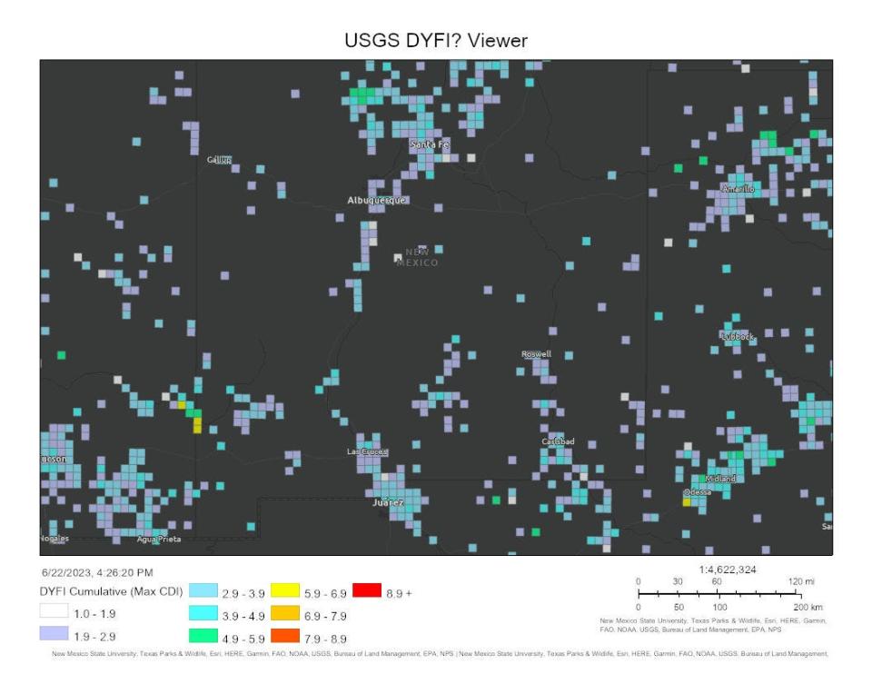 A heat map of Did You Feel It? data from the USGS of New Mexico earthquake activity reports for 2021.